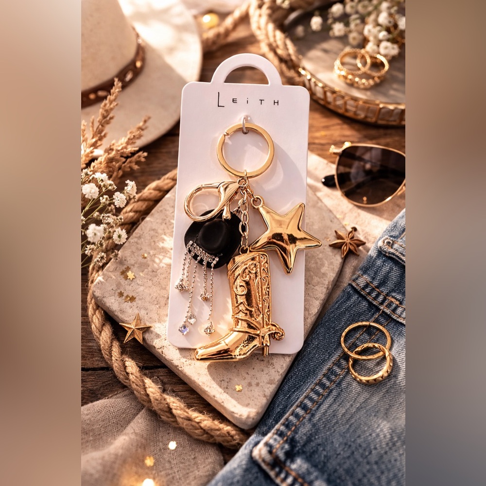 Western Charm Keychain Gold Cowboy Boot Star Bag Charm Rodeo Chic Accessory